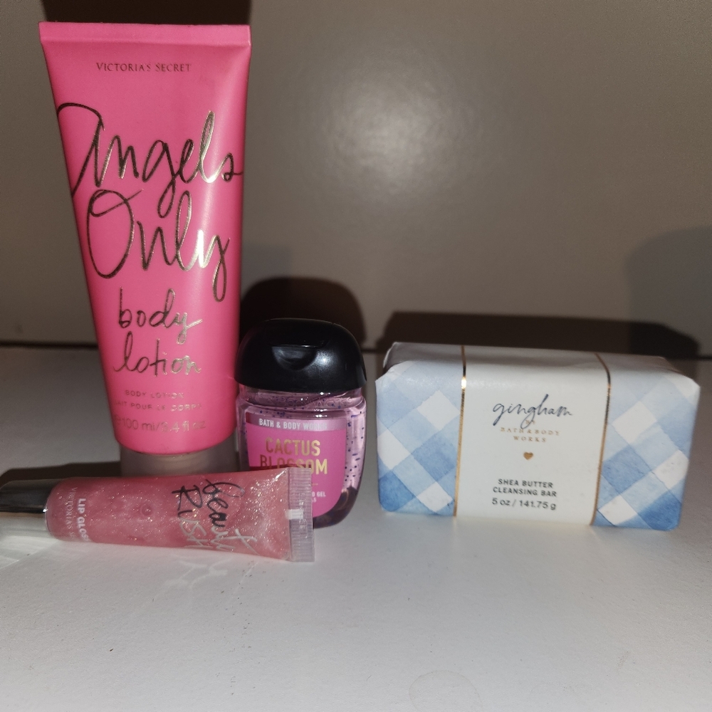 Victoria Secret Angels Lotion, Lipgloss, Bath & Body Works Soap, Hand Sanitizer